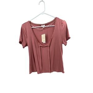 NWT Selfie Pink Ribbed Tie Bust Short Sleeve Top Women's Size Large